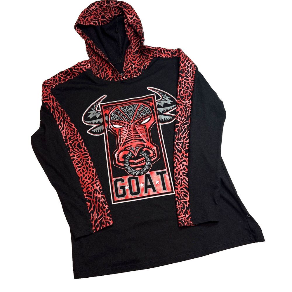 Fresh Laundry GOAT Bull Graphic Hooded Shirt Large Black Red Long Sleeve